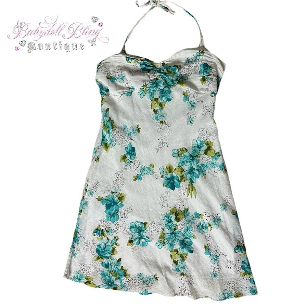 Mariposa dress floral white blue green flowers halter cute milkmaid boho y2k